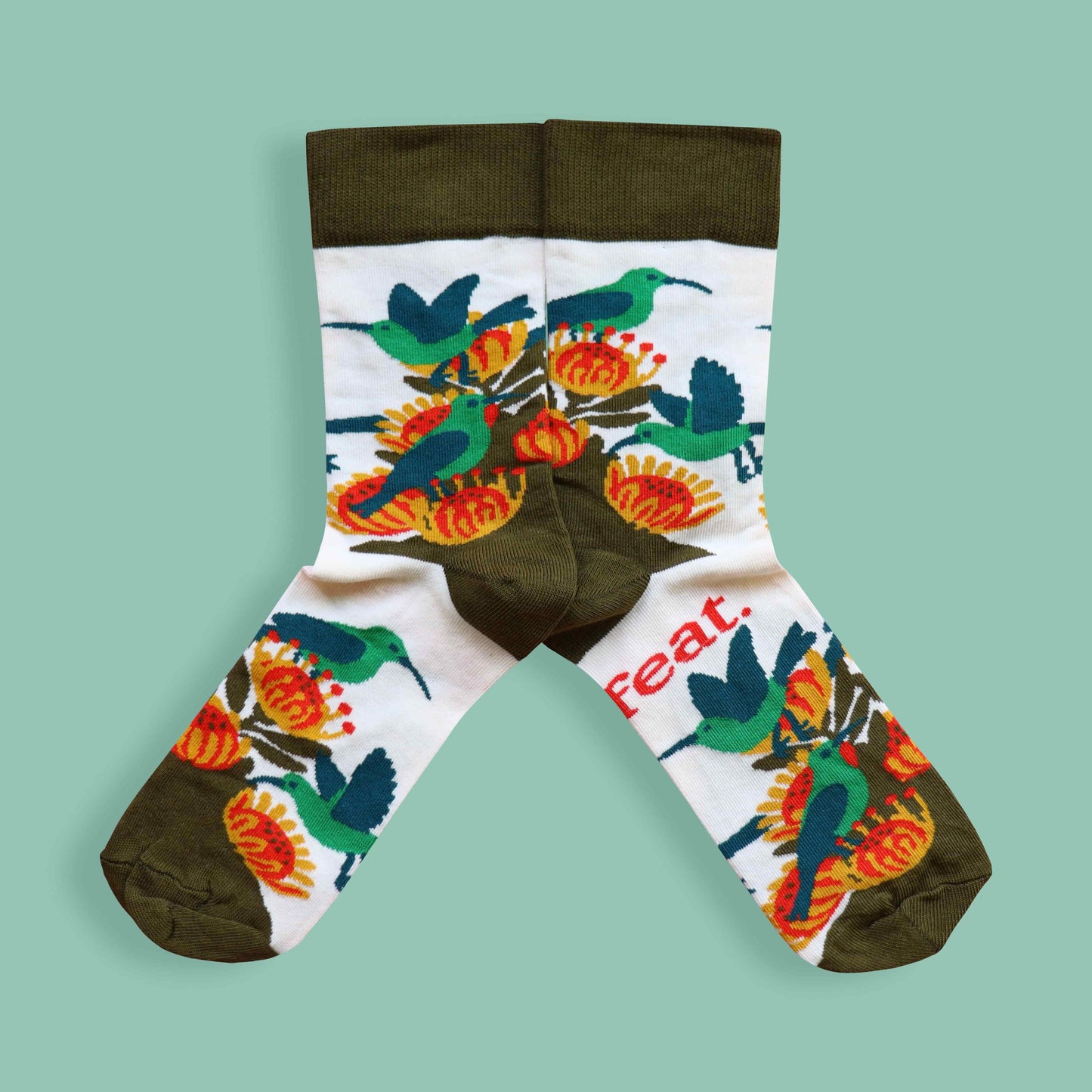 Ladies’ malachite sunbird socks green background mirrored