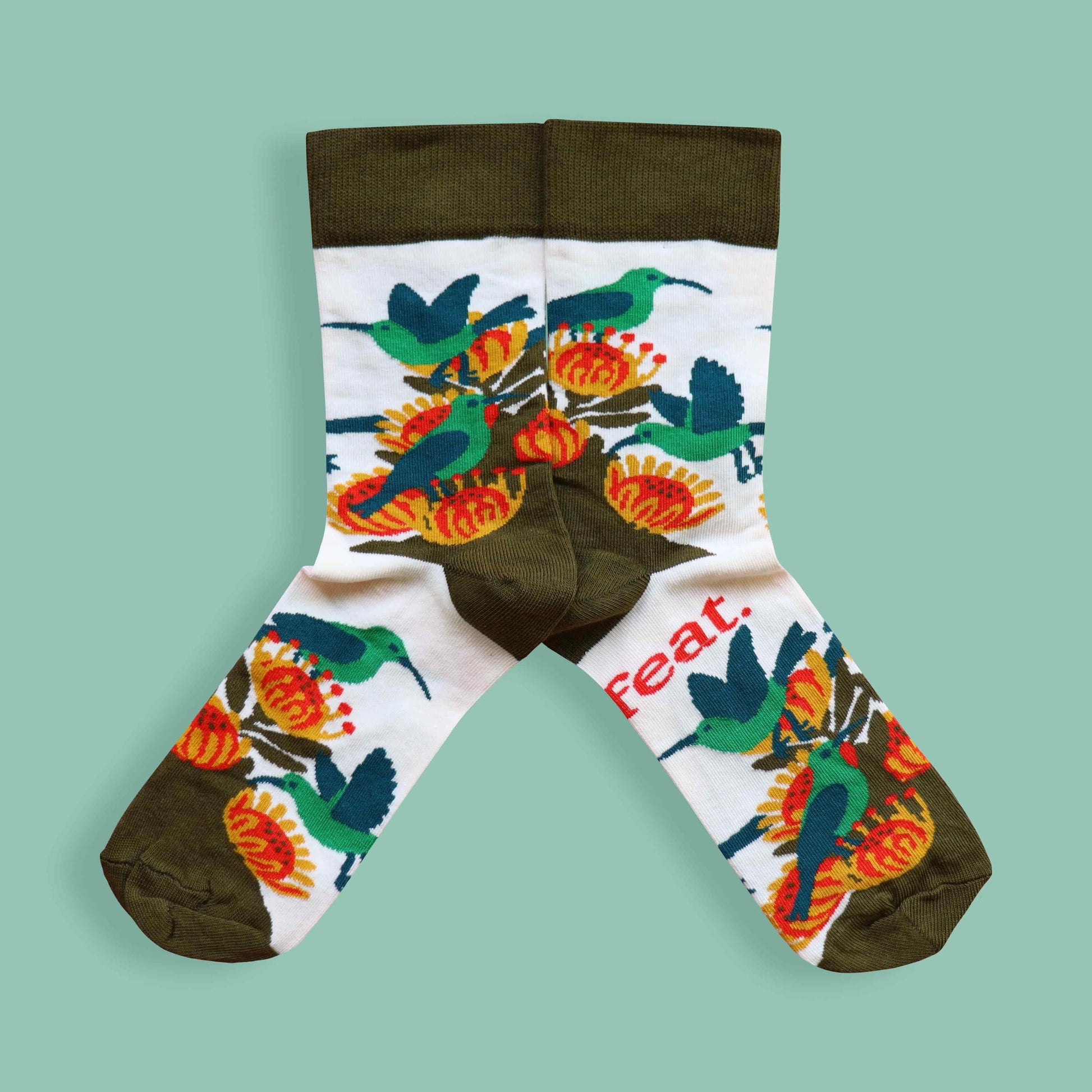 Ladies’ malachite sunbird socks green background mirrored