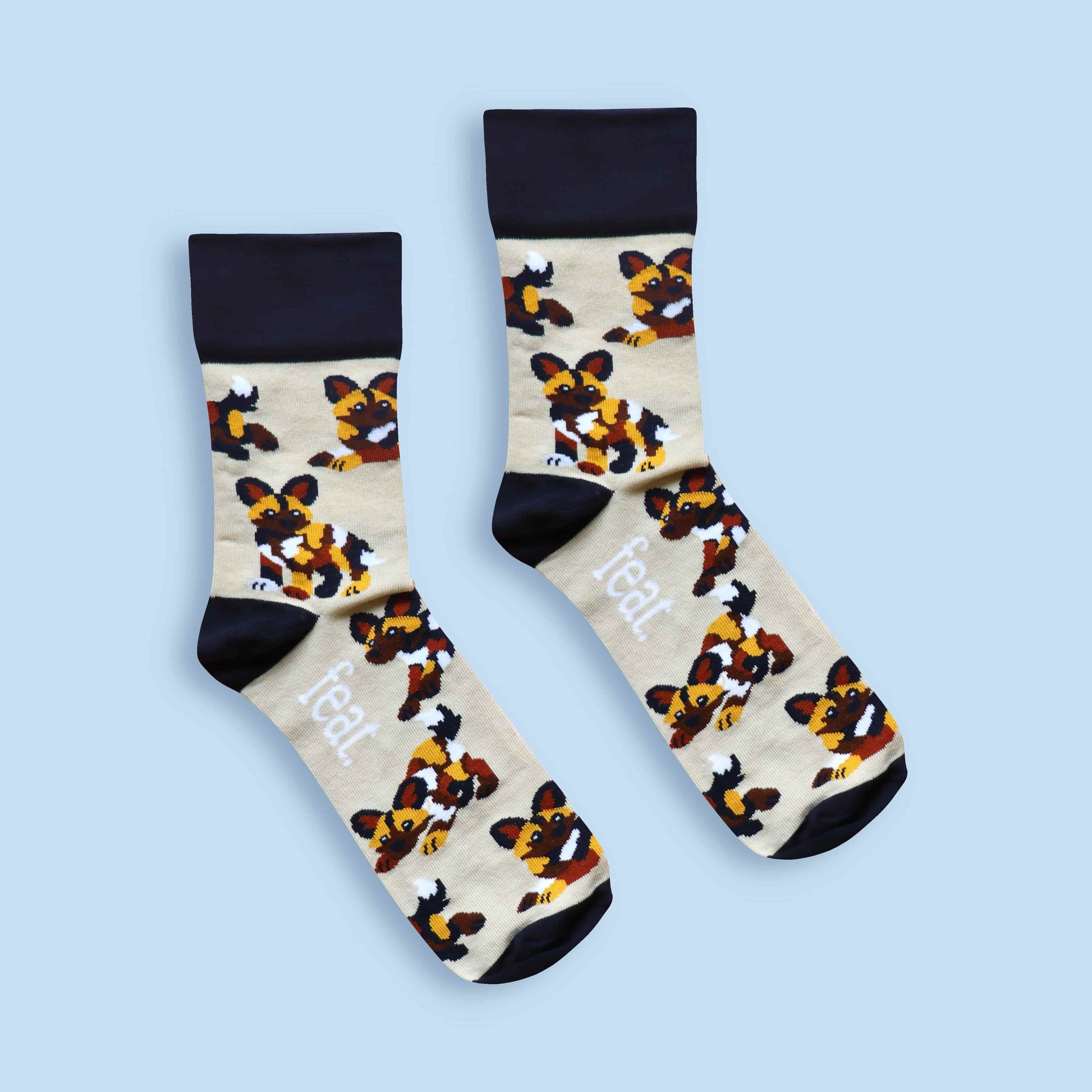 Painted dog socks blue background centered