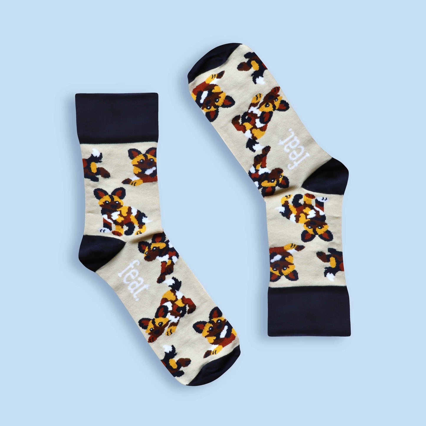 Painted dog socks blue background inverted