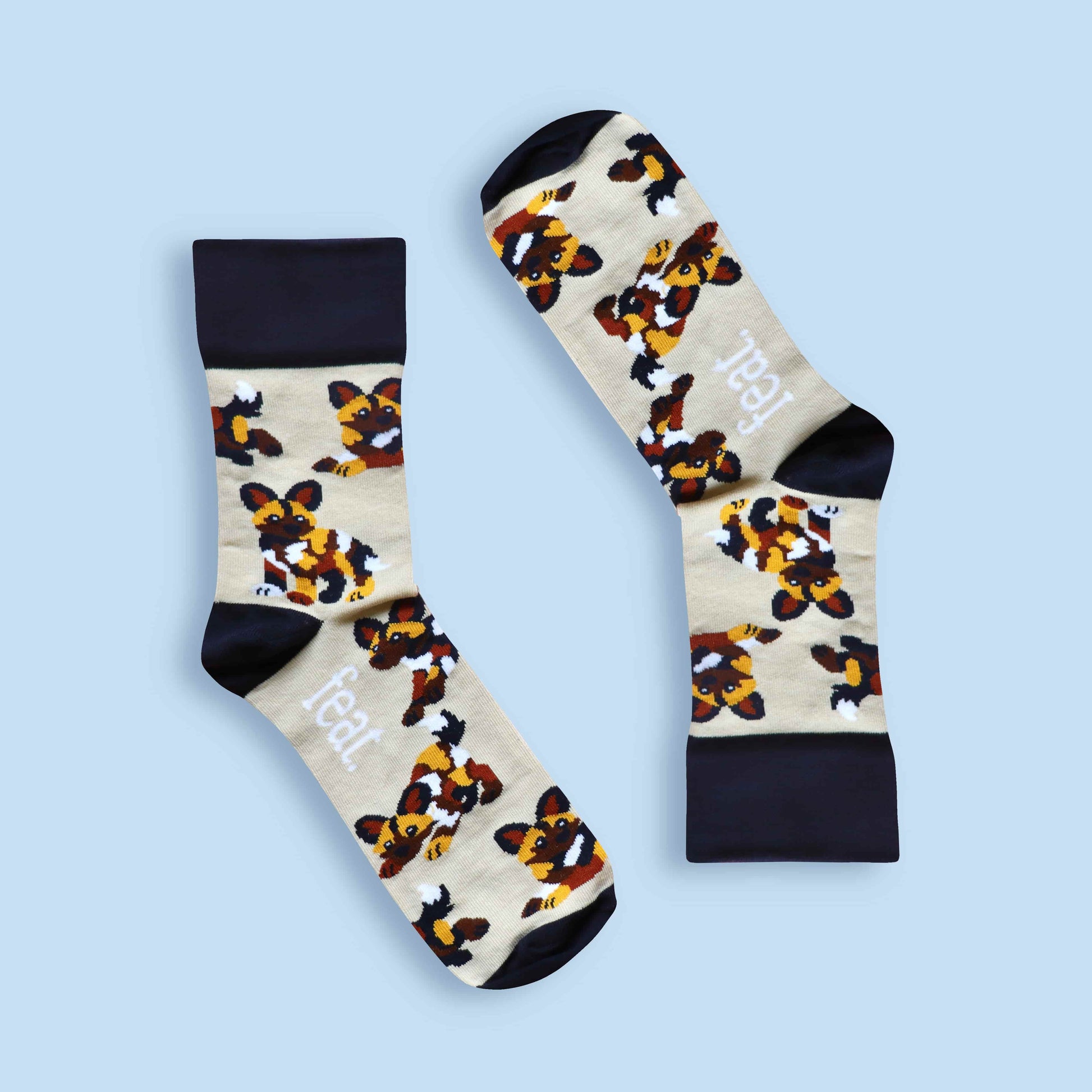 Painted dog socks blue background inverted