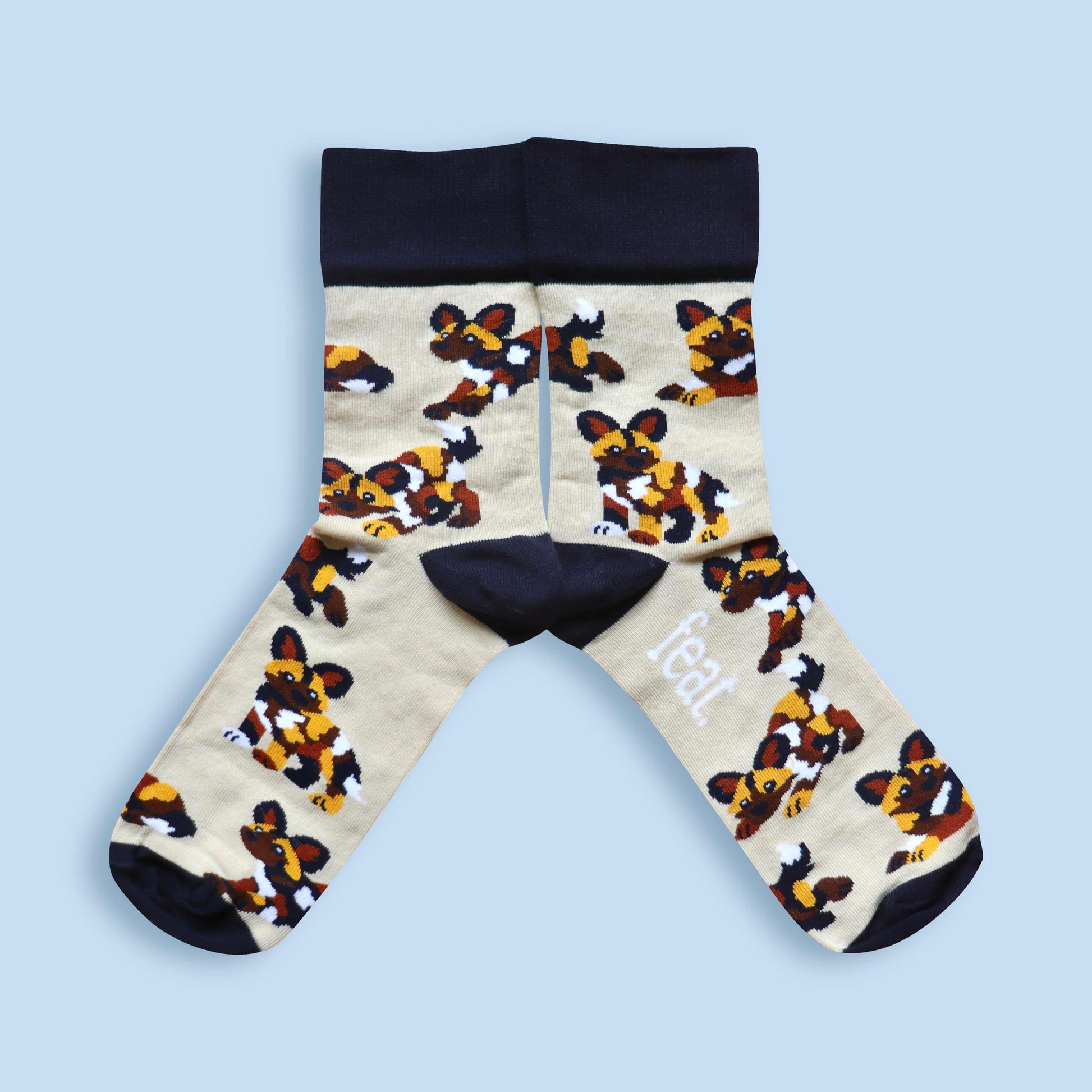 Painted dog socks blue background mirrored