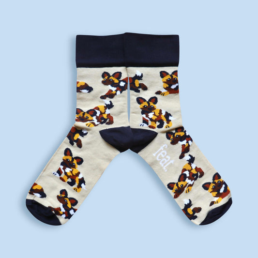Painted dog socks blue background mirrored