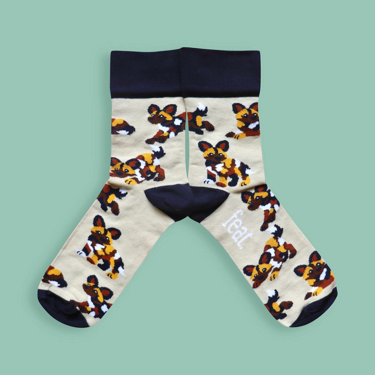 Painted dog socks green background mirrored