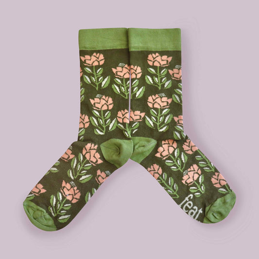 Peach protea socks lilac background mirrored