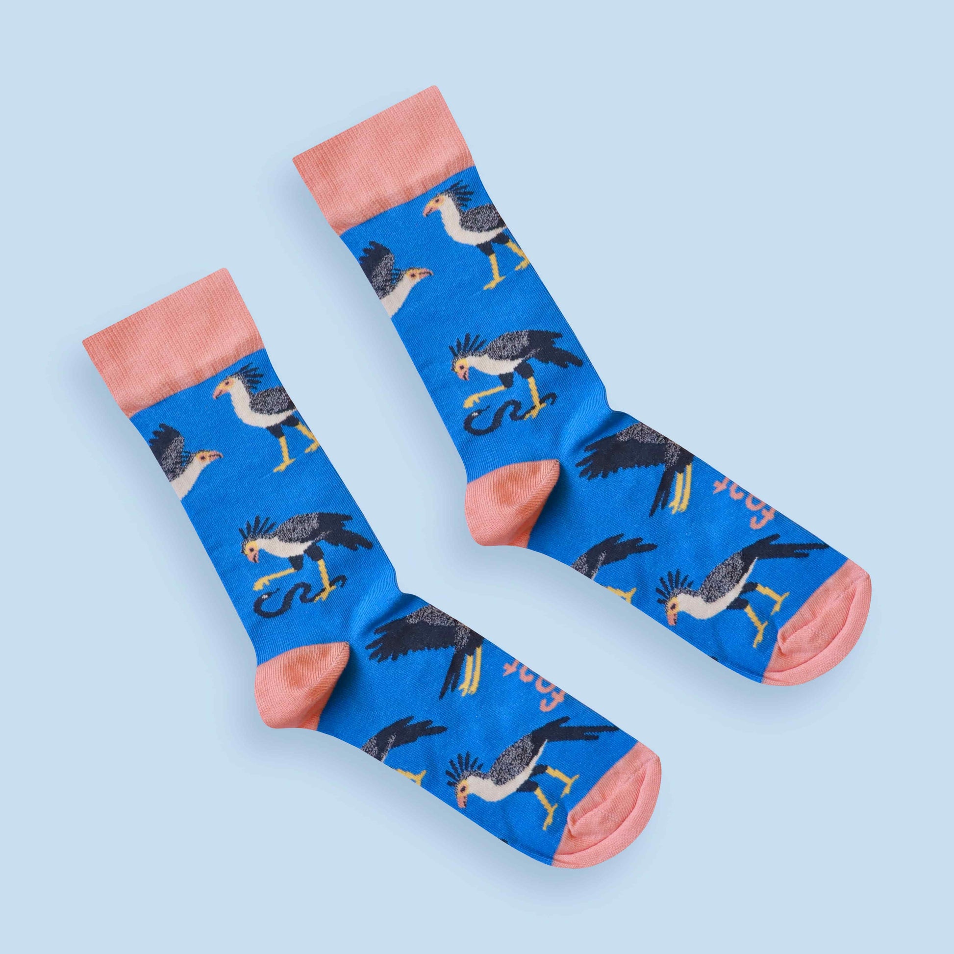 Secretary bird socks blue background diagonal