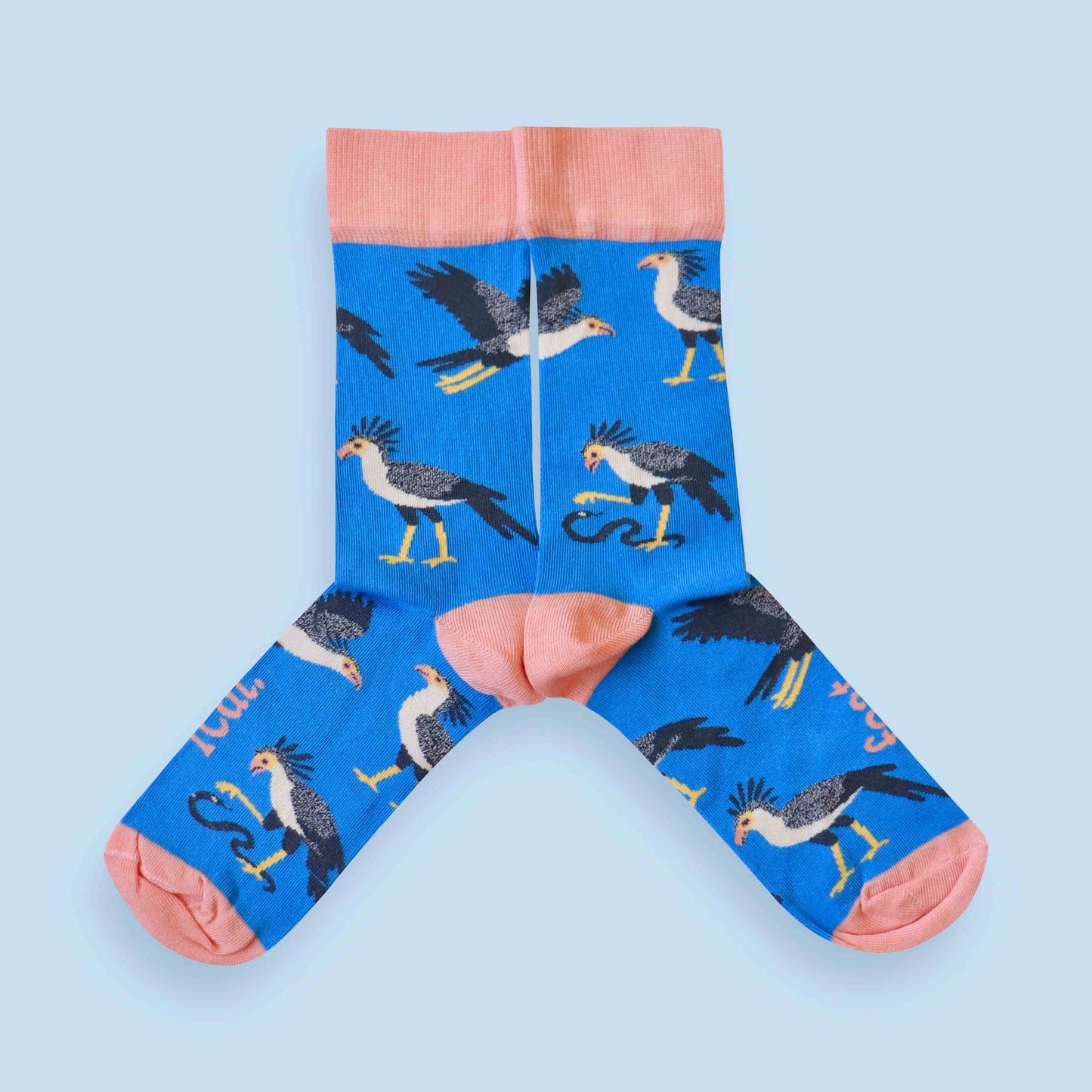 Secretary bird socks blue background mirrored