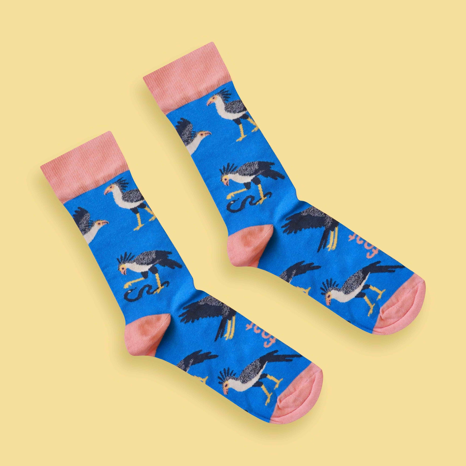Secretary bird socks yellow background diagonal