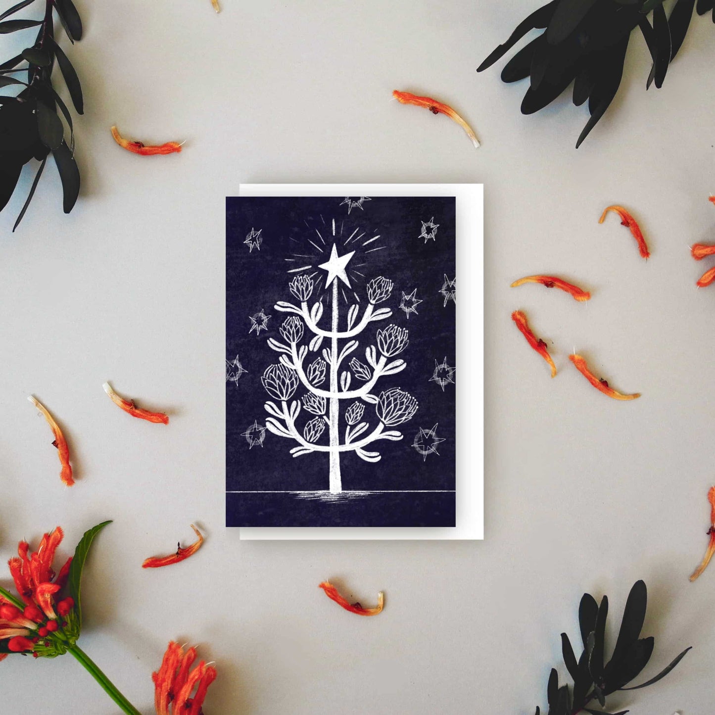 Starlit protea Christmas tree greeting card