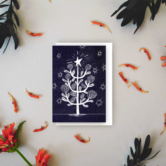 Starlit protea Christmas tree greeting card