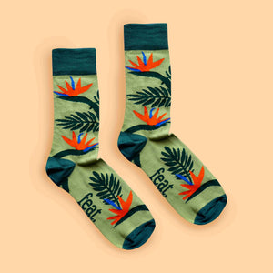 Strelitzia bird of paradise flower socks and accessories made in South africa