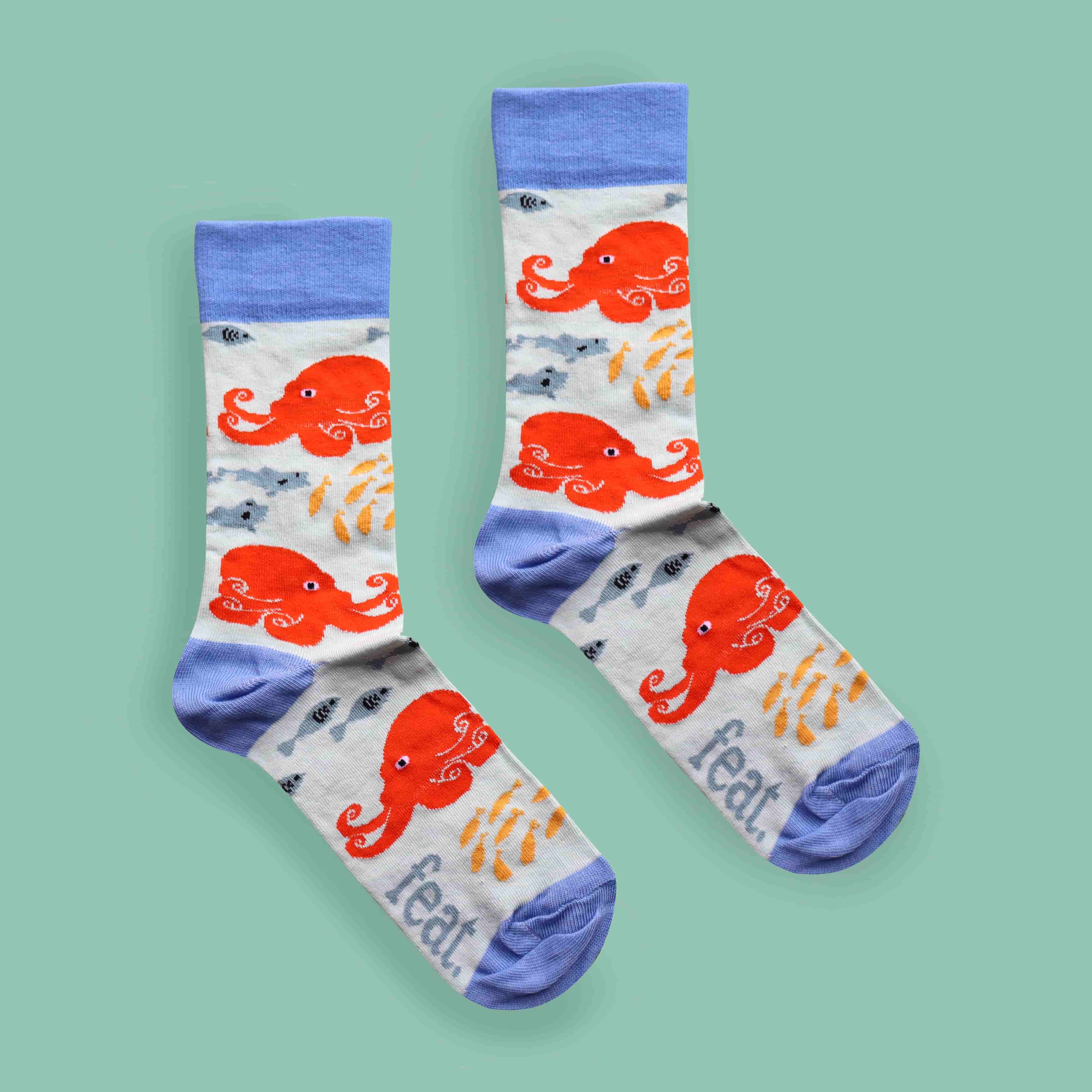 Blue and orange octopus socks made in South Africa