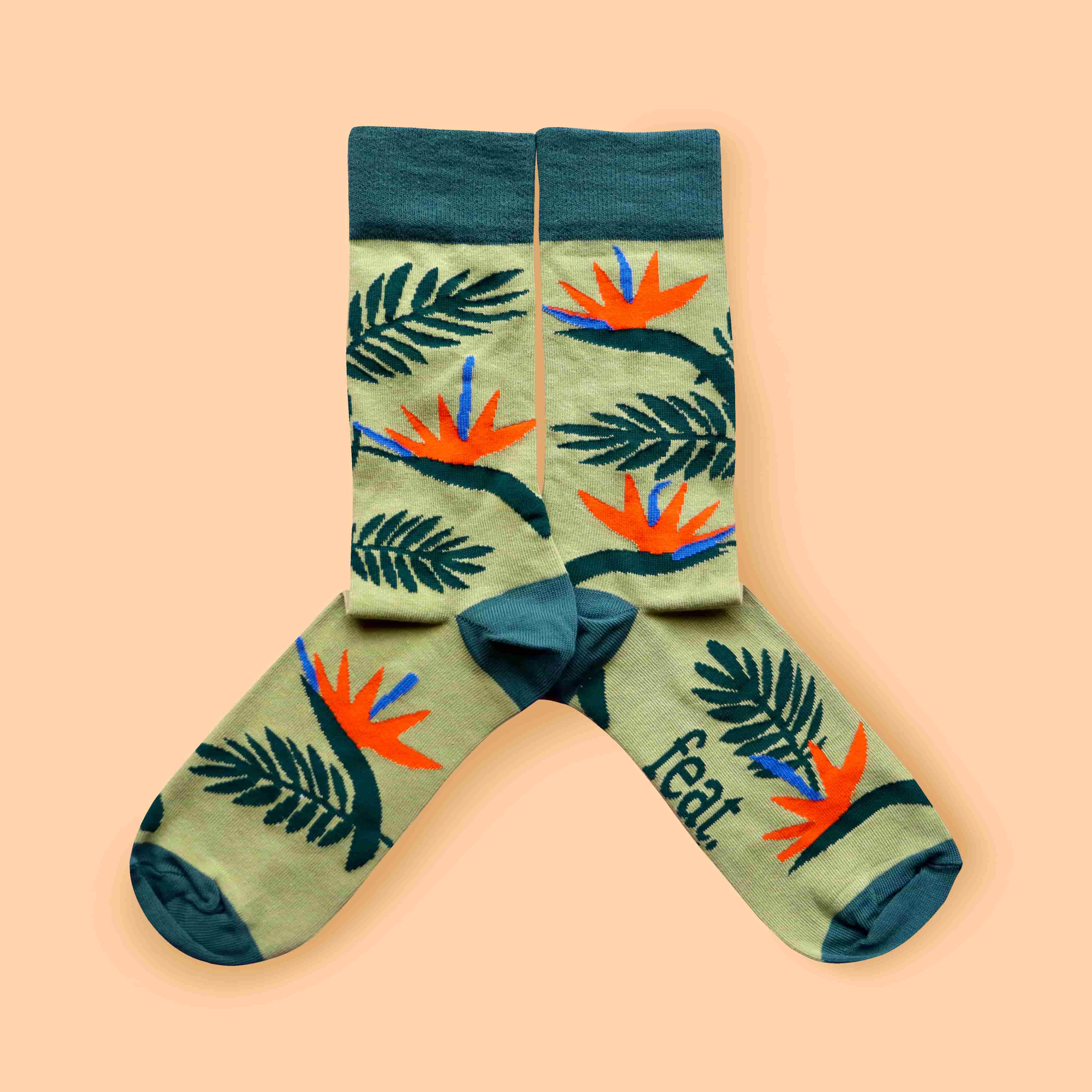 Strelitzia bird of paradise flower socks and accessories made in South Africa
