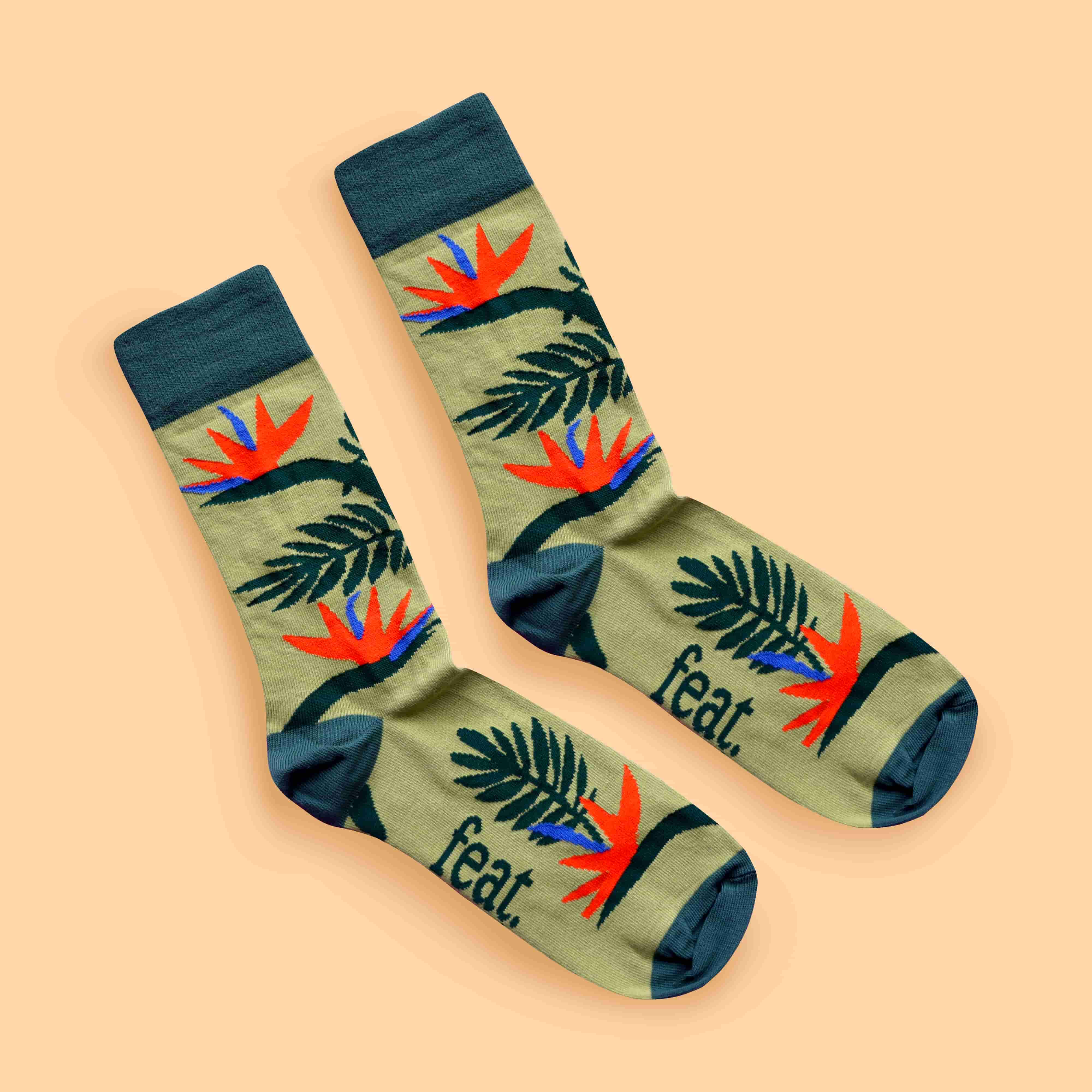 Strelitzia bird of paradise flower socks and accessories made in South Africa