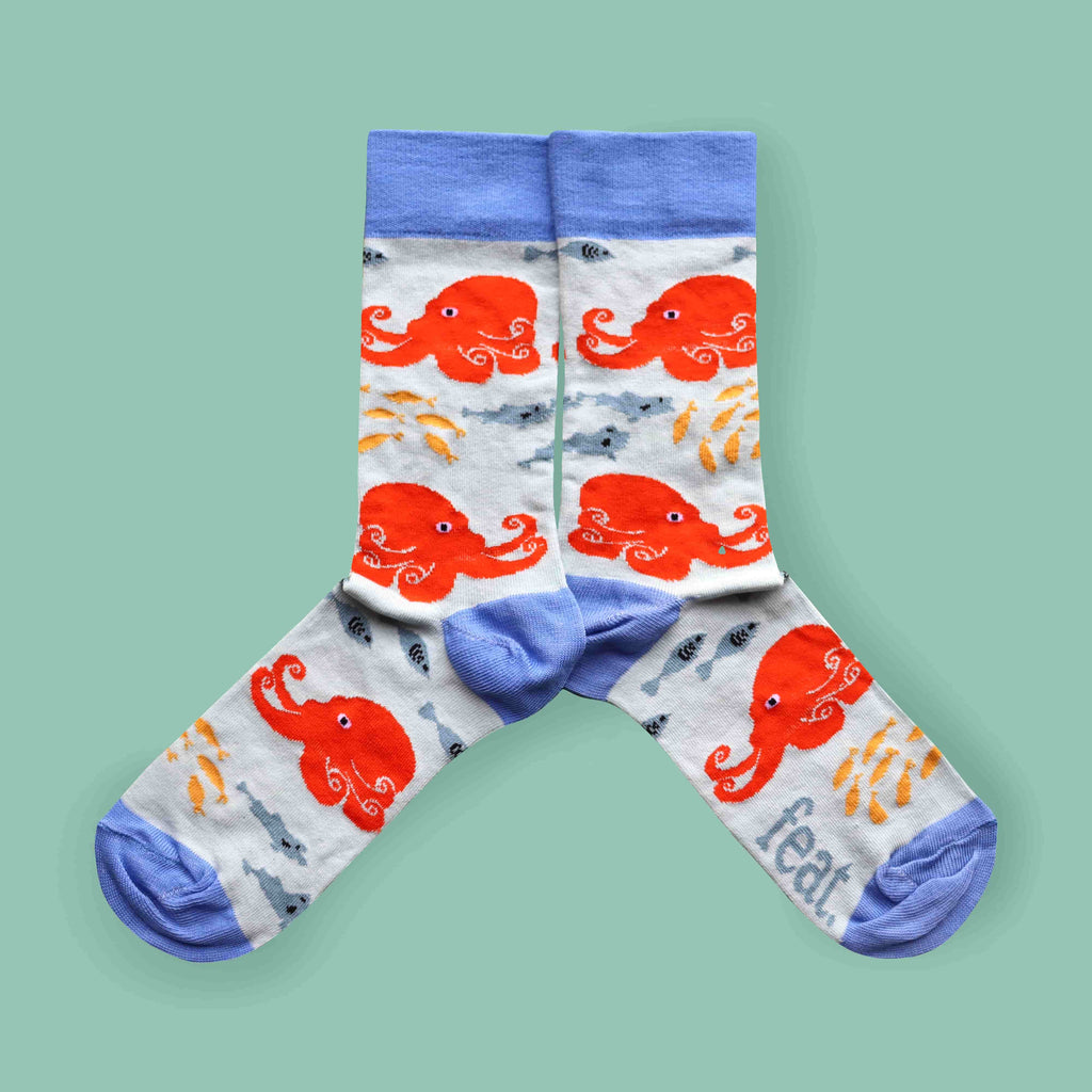 Blue and orange octopus socks made in South Africa