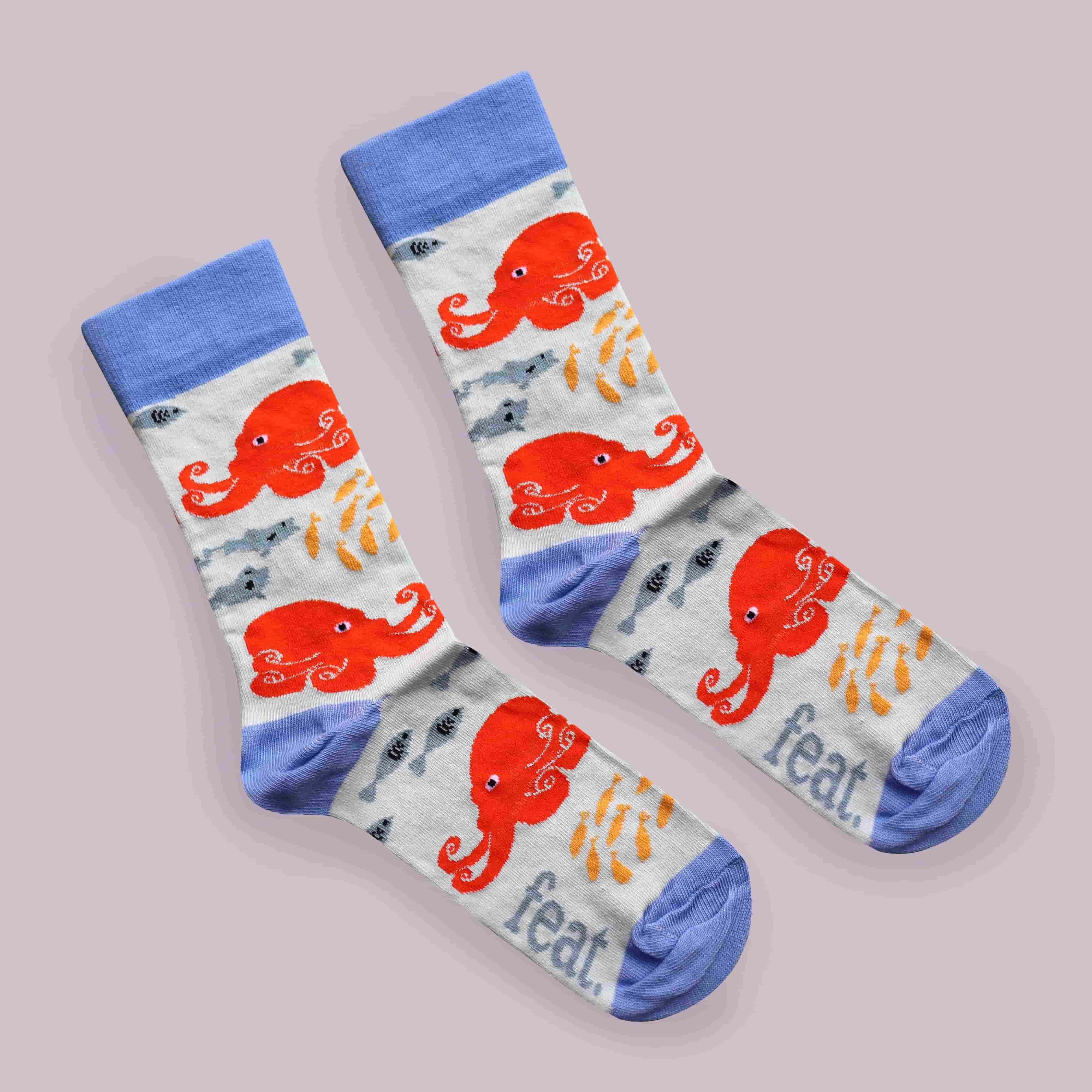 Blue and orange octopus socks made in South Africa